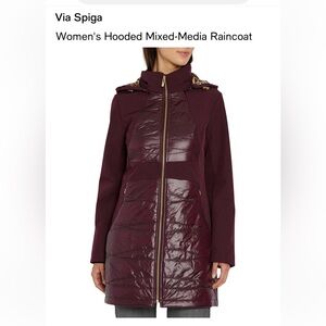 Via Spiga Large mixed media hooded rain Jacket Burgundy Maroon